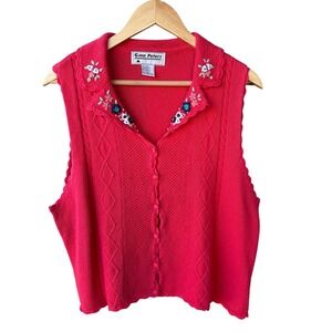 Gina Peters Vintage Sweater Blouse Top Pink Floral Embroidered Knit Size XL